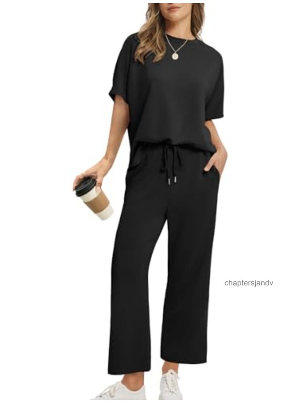 Two Piece Lounge Set Short Sleeve Wide Leg Crop Pants Travel Beach Casual